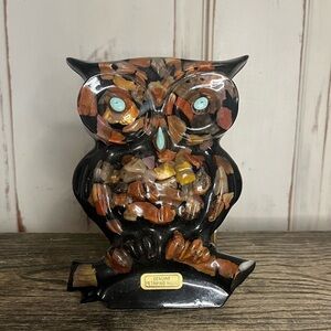 Vintage Petrified Wood Owl mosaic abstract wall hanging plaque figurine 70s